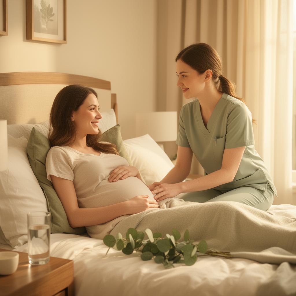 A pregnant woman looking peaceful and cared-for, resting in a comfortable home setting with her supportive healthcare provider
