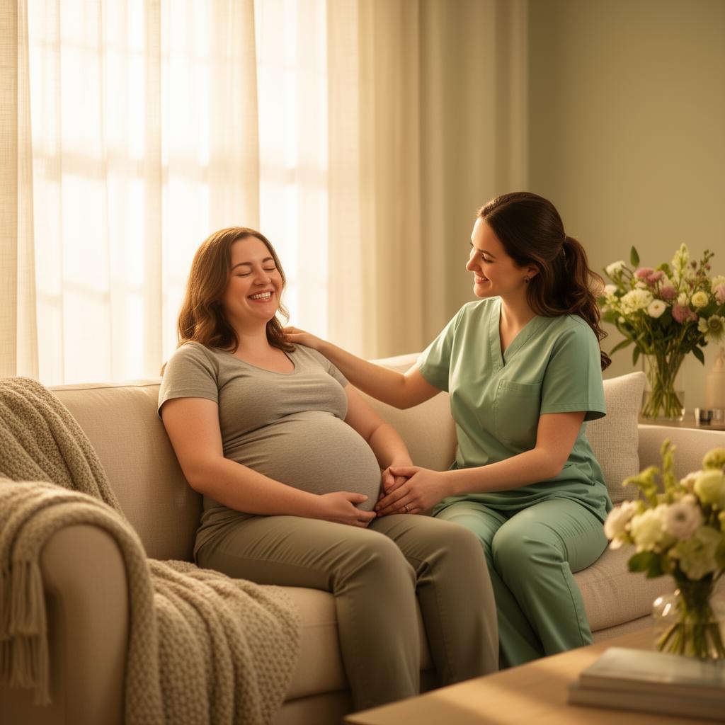 A smiling pregnant woman receiving warm, supportive care from a midwife in a beautiful sunlit home